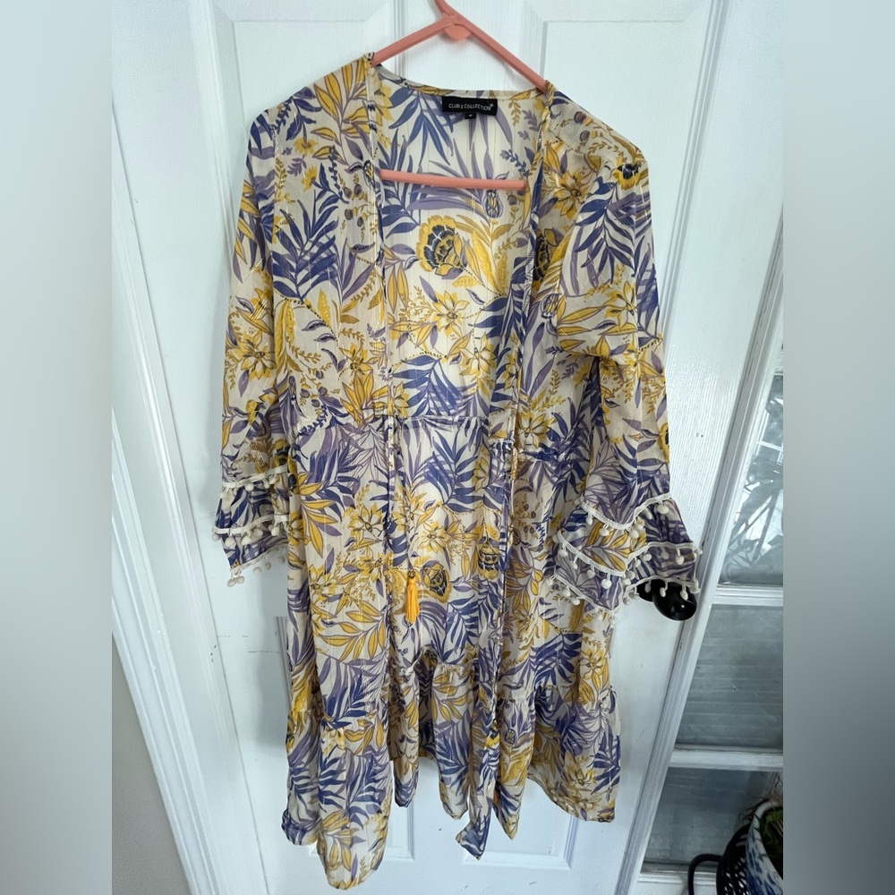 Club Z Collection Floral Bell Sleeve Swim Cover Up Dress Size Small Blue Yellow